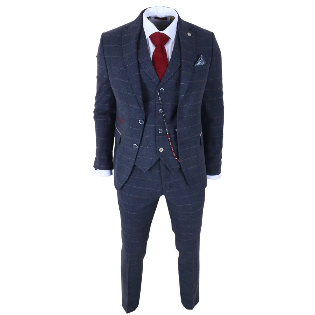 TP-32 - Gatsby stílusú sötétkék, 3 darabos gyapjúkeverék tweed öltöny férfiaknak