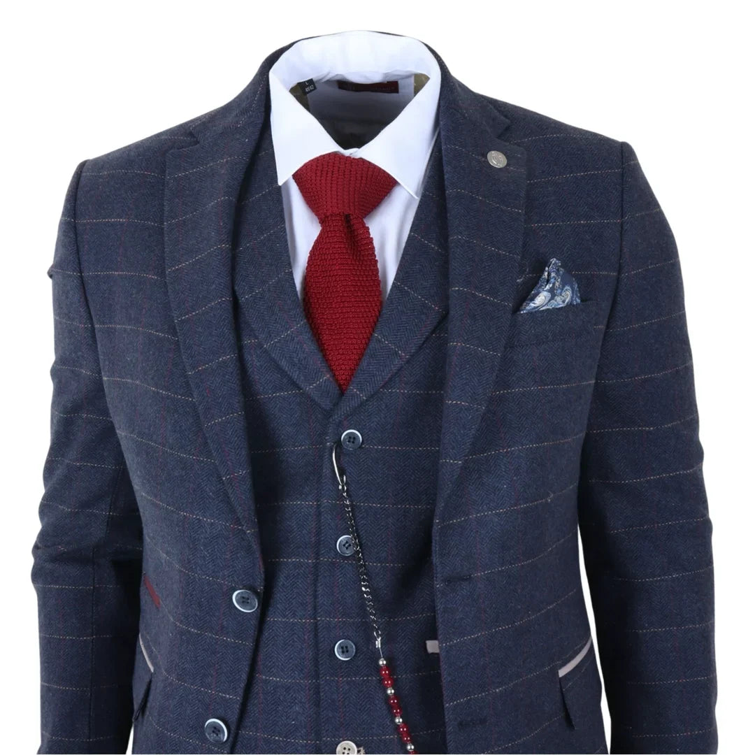 TP-32 - Gatsby stílusú sötétkék, 3 darabos gyapjúkeverék tweed öltöny férfiaknak