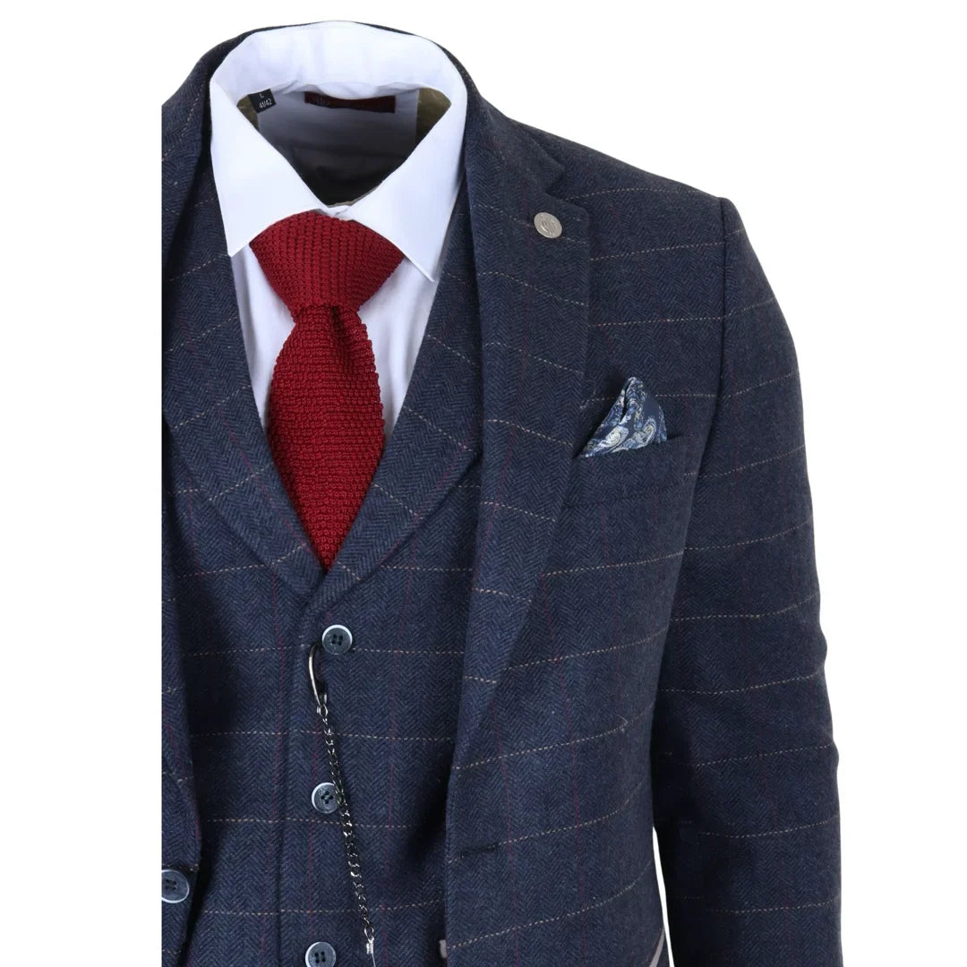 TP-32 - Gatsby stílusú sötétkék, 3 darabos gyapjúkeverék tweed öltöny férfiaknak