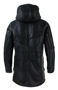 Mens Real Shearling Sheepskin 3/4 Hood Duffle Jacket Black Fur Warm Winter