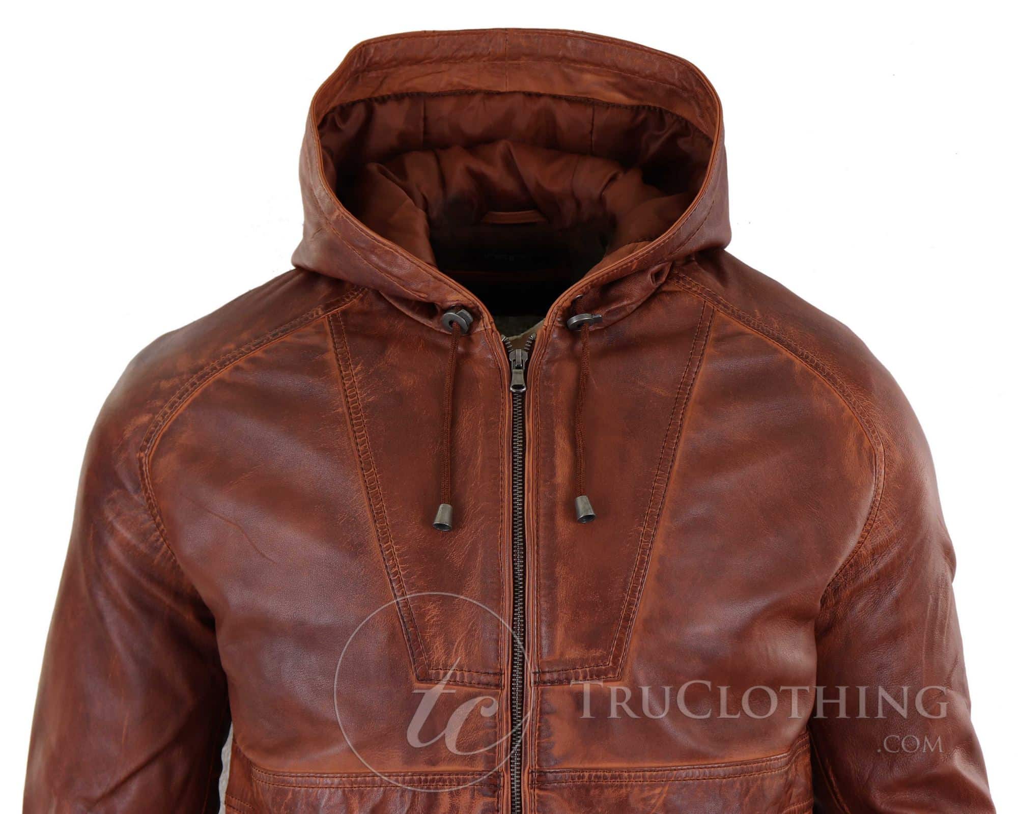 Mens Real Leather Bomber Hood Jacket - Tan