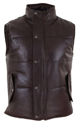 Mens Real Leather Waistcoat Gilet Quilted Puffer Design Warm Zip Casual Brown