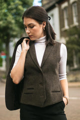 Womens Tweed Herringbone waistcoat Brown 1920s Vintage Tailored Classic Smart